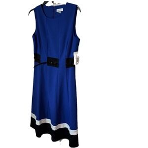 NWT Calvin Klein Dress‎ Women's Classic Fit & Flare Blue Black White Belt Size 6